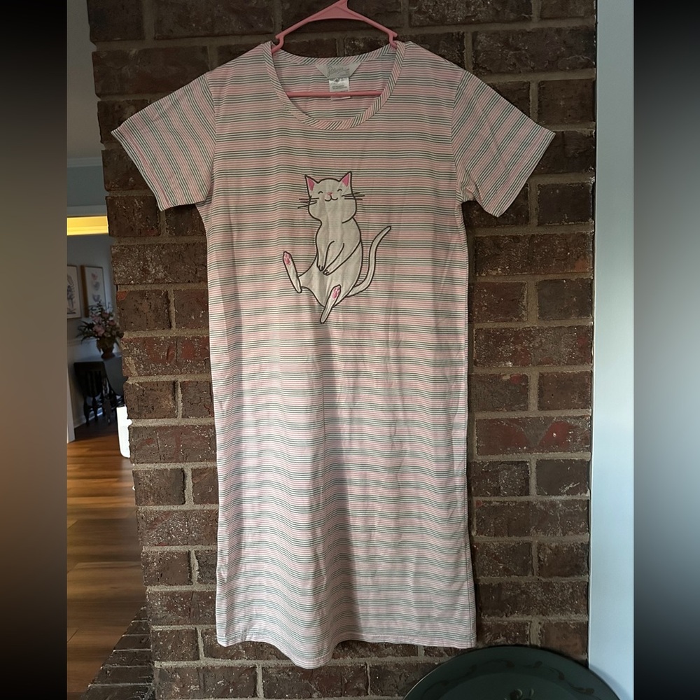VTG Patricia Lingerie Striped Cat Print Nightgown Pastel Soft Loungewear Size M